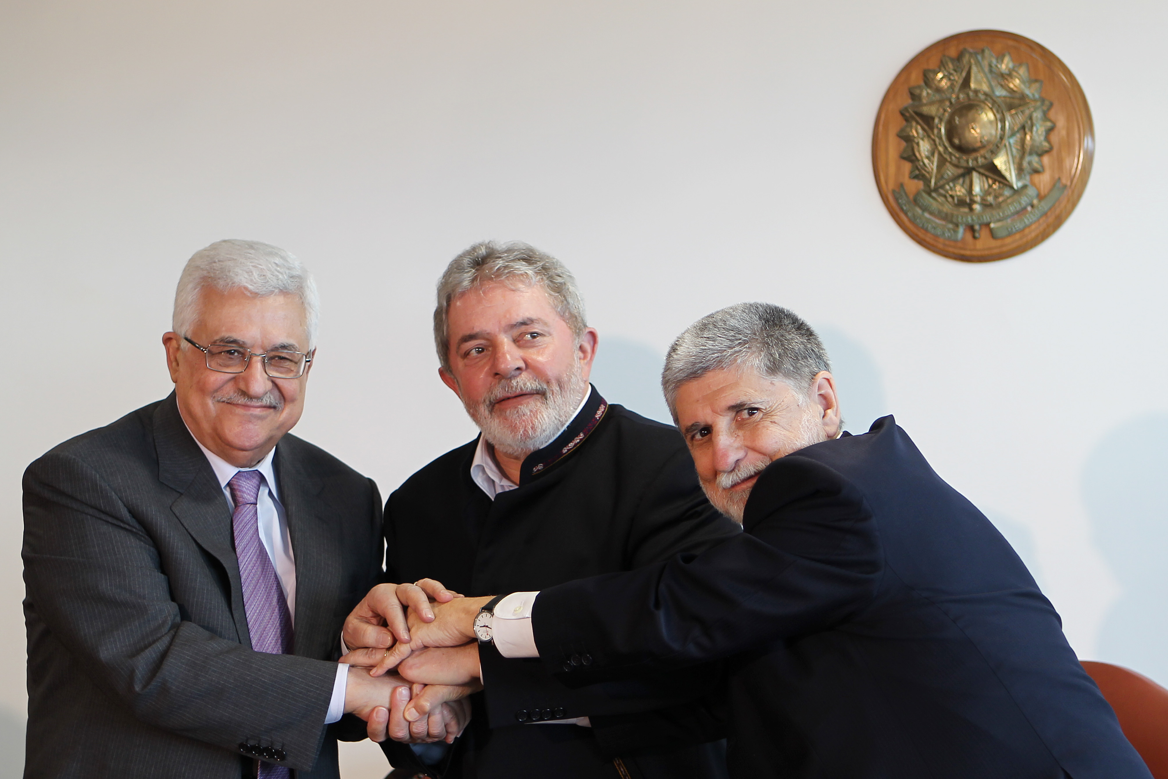 Presidente Lula e o ministro das Relações Exteriores, Celso Amorim, durante encontro com o presidente da Autoridade Nacional Palestina, Mahmoud Abbas 